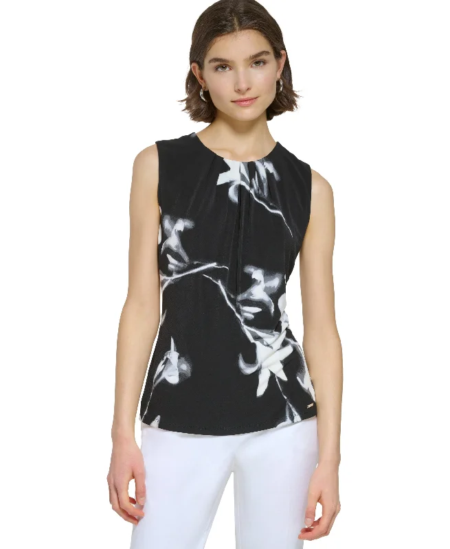 Women's Sleeveless Printed Pleat-Neck Top