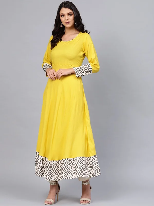 NOZ2TOZ Women's Solid Mustard Yellow Rayon Anarkali