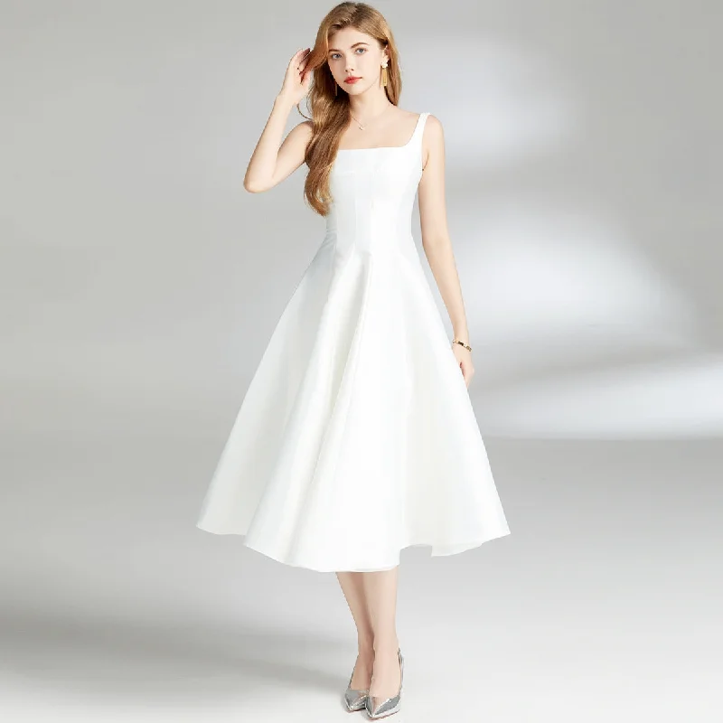 Women's White Waist Sliming Strap Dress