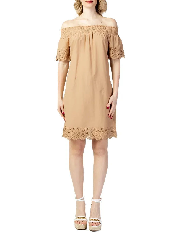 Only Off-Shoulder Eyelet Trim Dress Beige