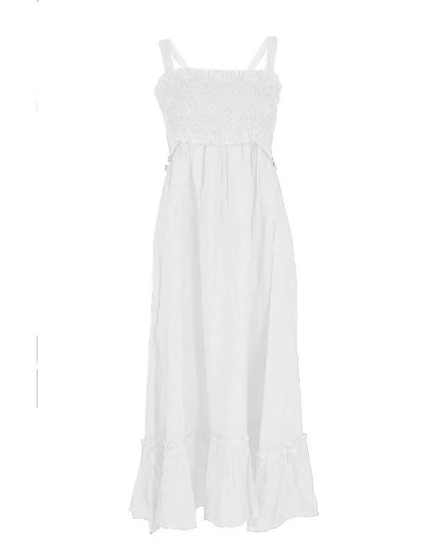 Yes Zee Womens White Linen Summer Dress with Ruffle Hem