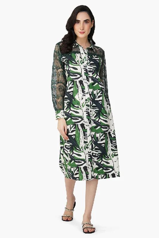 Green Birch Tropical Printed Shirt Dress