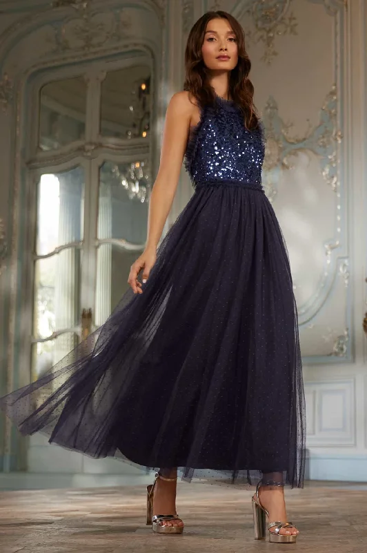 Sequin Wreath Bodice Halter Neck Ankle Gown