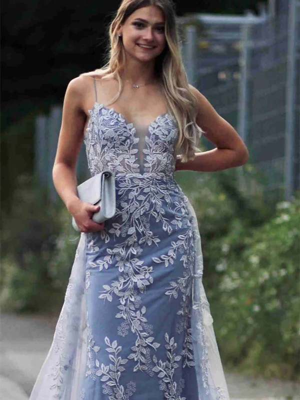 Elegant Mermaid Backless V Neck Blue Lace Long Prom Dresses, Mermaid Blue Formal Dresses, Blue Lace Evening Dresses SP2325