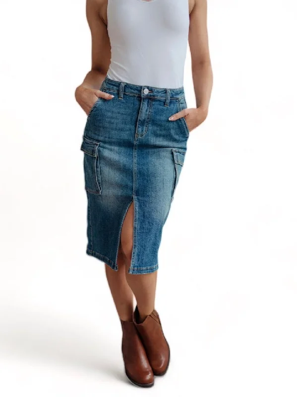 High Rise Front Slit Cargo Denim Skirt