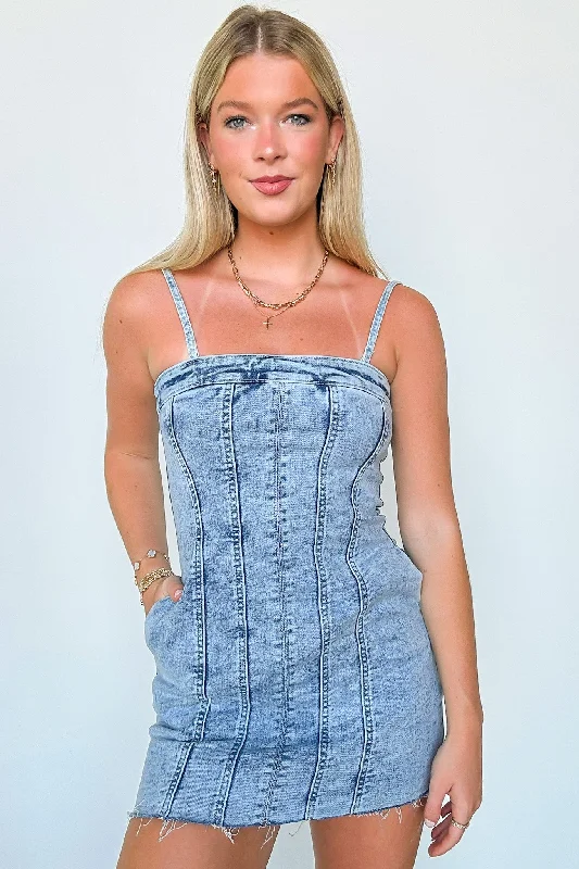 Mad Love Exposed Seam Light Wash Denim Dress - FINAL SALE