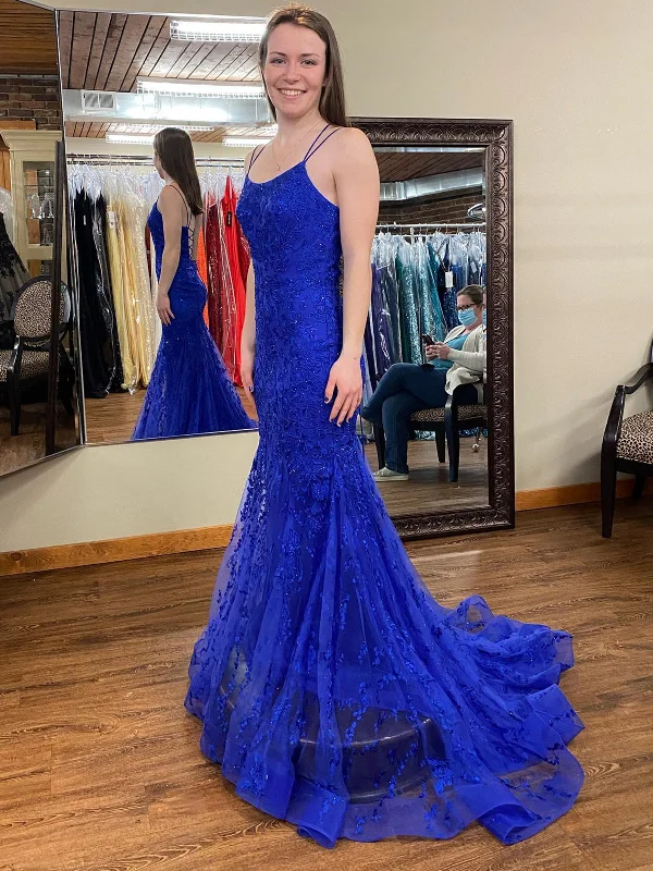 Mermaid Backless Blue Lace Long Prom Dresses, Mermaid Blue Formal Dresses, Blue Lace Evening Dresses SP2311