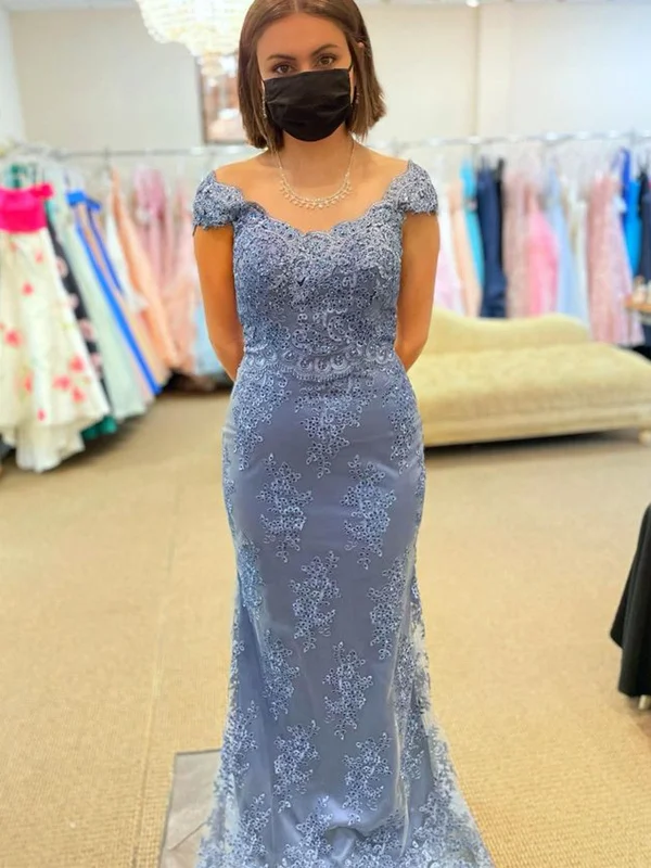 Mermaid Off Shoulder Beaded Blue Lace Long Prom Dresses, Mermaid Blue Formal Dresses, Blue Lace Evening Dresses SP2382