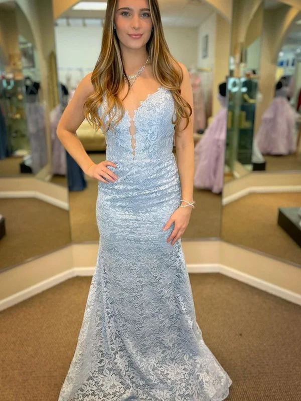 Mermaid V Neck Light Blue Lace Long Prom Dresses, Light Blue Lace Formal Dresses, Mermaid Light Blue Evening Dresses SP2372