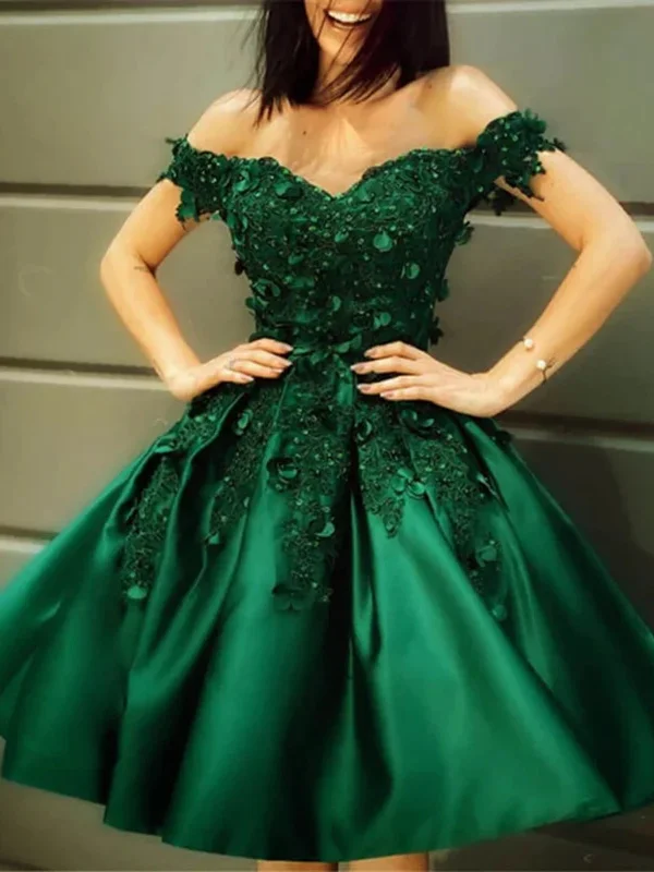 Off Shoulder Beaded Green Lace Short Prom Dresses, Green Lace Homecoming Dresses, Beaded Green Formal Evening Dresses SP2469