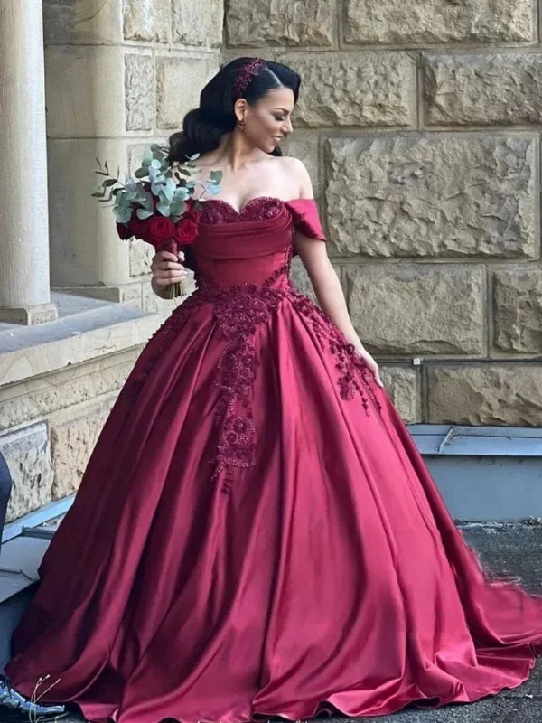 Off Shoulder Burgundy Lace Long Prom Dresses, Burgundy Lace Formal Evening Dresses, Burgundy Ball Gown SP2747