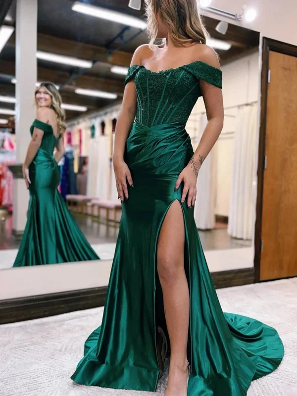 Off Shoulder Green Lace Mermaid Long Prom Dresses with High Slit, Green Lace Formal Dresses, Mermaid Green Evening Dresses SP2550