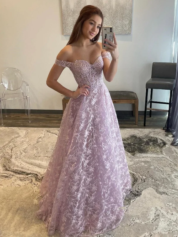 Off Shoulder Lilac Lace Long Prom Dresses, Off the Shoulder Formal Dresses, Lilac Evening Dresses SP2638