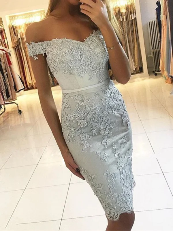 Off Shoulder Mermaid Blue Lace Prom Dresses, Mermaid Blue Homecoming Dresses, Short Blue Formal Evening Dresses SP2419