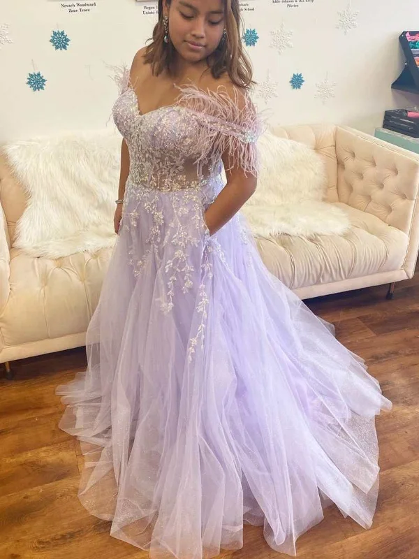 Off Shoulder Purple Lace Long Prom Dresses, Off the Shoulder Lilac Formal Dresses, Purple Evening Dresses SP2674