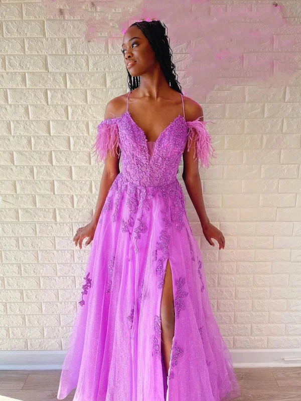 Off Shoulder Purple Lace Long Prom Dresses with High Slit, Purple Lace Formal Dresses, Purple Evening Dresses SP2606