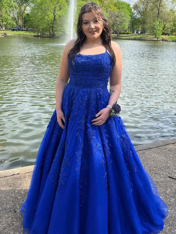 Open Back Beaded Royal Blue Lace Long Prom Dresses, Royal Blue Lace Formal Evening Dresses, Royal Blue Ball Gown SP2805