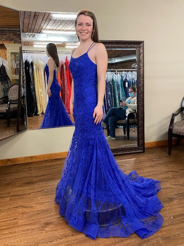 Open Back Mermaid Blue Lace Long Prom Dresses, Blue Lace Formal Dresses, Mermaid Blue Evening Dresses SP2471