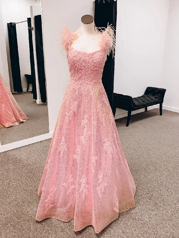 Open Back Pink Lace Prom Dresses Long, Pink Lace Formal Dresses, Pink Evening Dresses SP2682