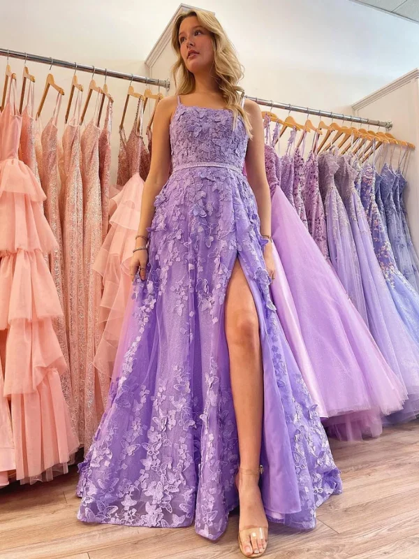 Open Back Purple Lace Long Prom Dresses with High Slit, Purple Formal Evening Dresses with Lace Appliques SP2617