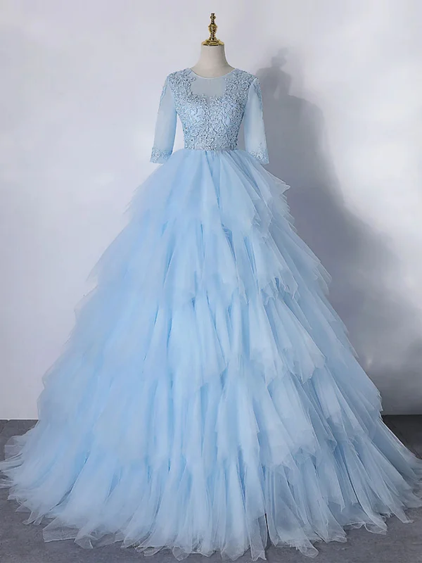 Round Neck Half Sleeves Layered Light Blue Long Prom Dresses, Light Blue Lace Formal Dresses, Blue Evening Dresses SP2564