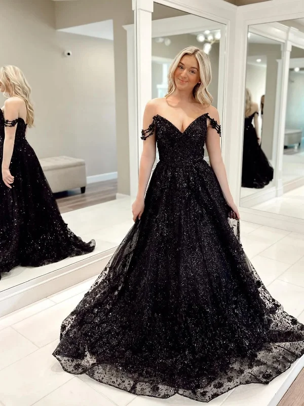 Shiny Off Shoulder Black Lace Long Prom Dresses, Black Lace Formal Dresses, Black Evening Dresses SP2635