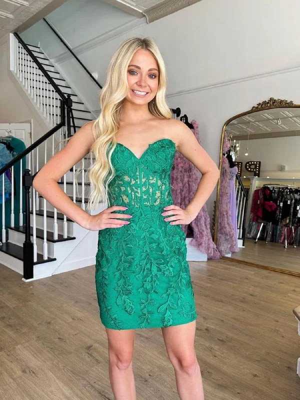 Strapless Beaded Green Lace Short Prom Dresses, Green Lace Homecoming Dresses, Green Formal Graduation Evening Dresses SP2712