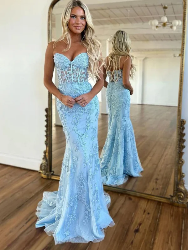 Strapless Mermaid Light Blue Lace Long Prom Dresses, Light Blue Lace Formal Graduation Evening Dresses SP2577