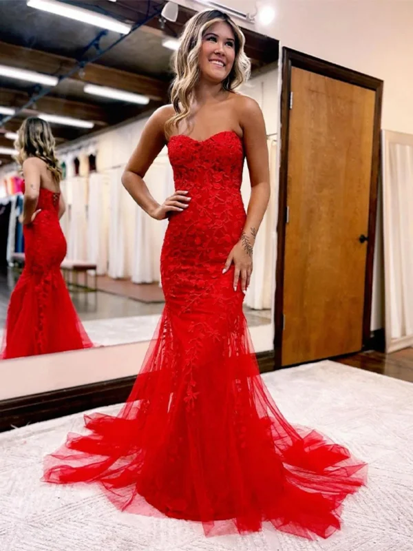 Strapless Mermaid Red Lace Long Prom Dresses, Mermaid Red Formal Dresses, Red Lace Evening Dresses SP2592