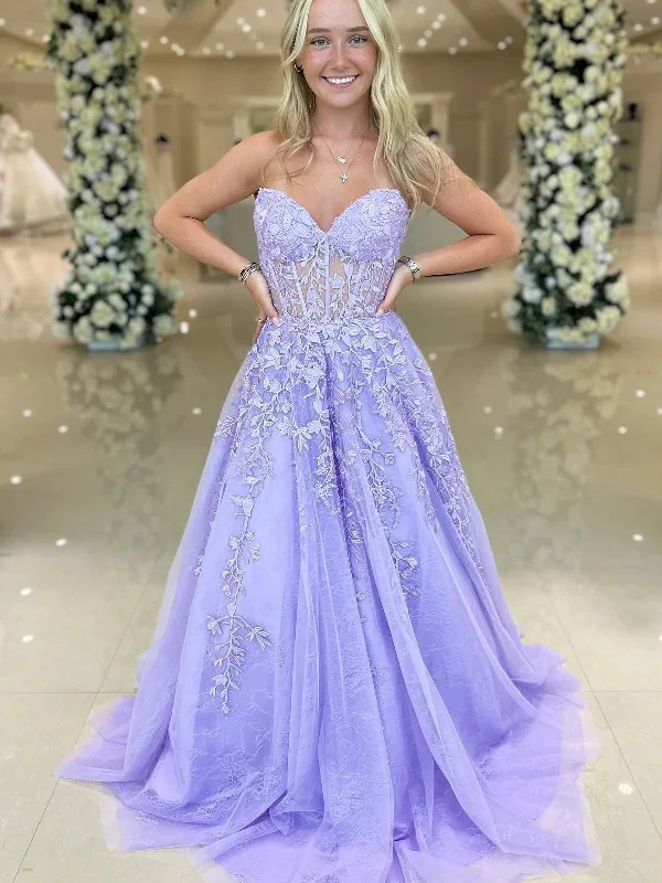 Strapless Purple Lace Long Prom Dresses, Purple Lace Formal Dresses, Long Purple Evening Dresses SP2779