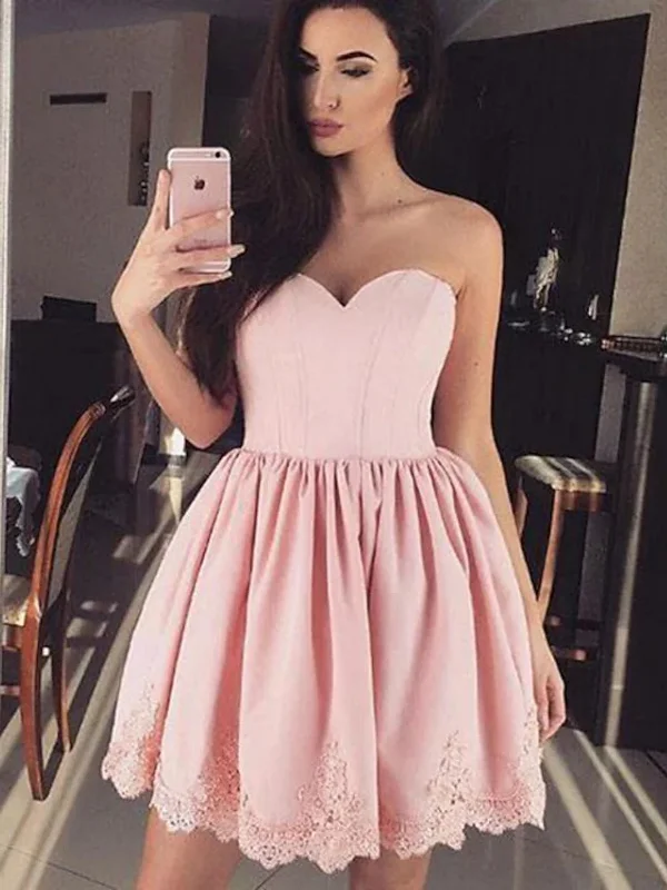 Strapless Sweetheart Neck Pink Lace Prom Dresses, Short Pink Homecoming Dresses, Pink Lace Formal Evening Dresses SP2474