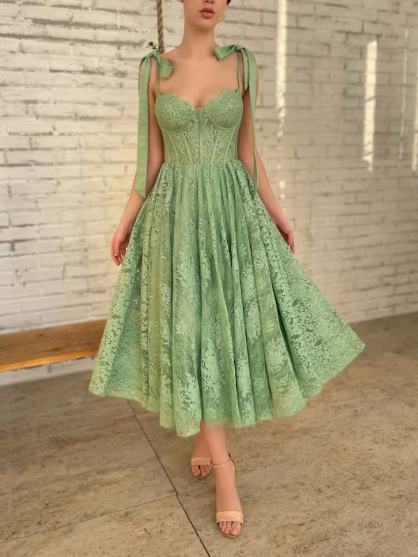 Sweetheart Neck Green Lace Tea Length Prom Dresses, Green Lace Homecoming Dresses, Tea Length Green Formal Graduation Evening Dresses SP2736