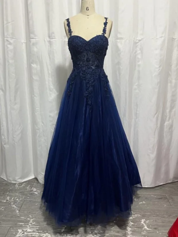 Sweetheart Neck Navy Blue Lace Long Prom Dresses, Navy Blue Lace Formal Graduation Evening Dresses SP2624