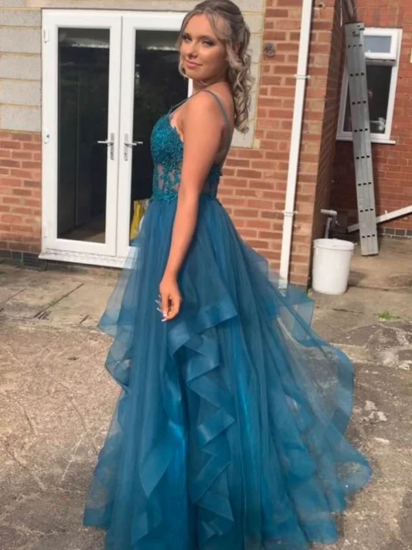 V Neck Fluffy Blue Lace Long Prom Dresses, Blue Lace Formal Dresses, Blue Evening Dresses SP2660