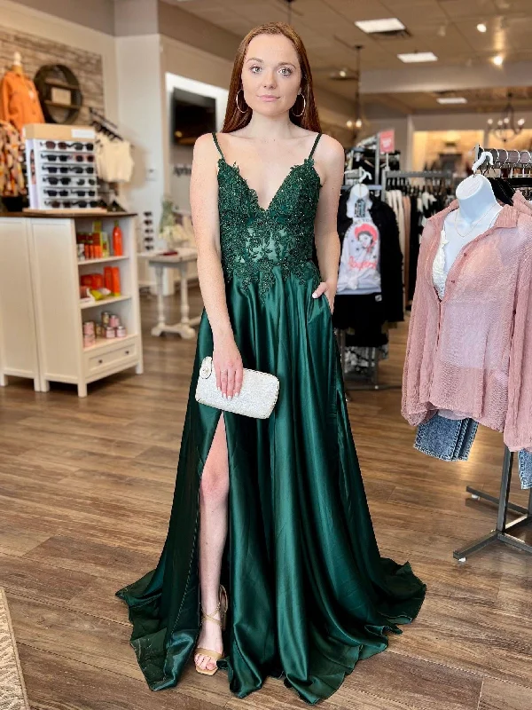 V Neck Green Lace Long Prom Dresses with High Slit, Green Lace Formal Dresses, Green Evening Dresses SP2591