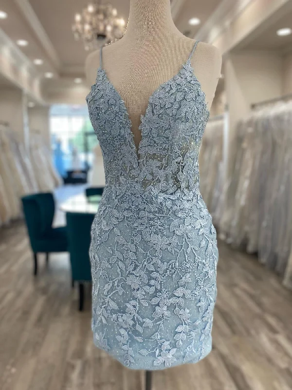 V Neck Mermaid Light Blue Lace Short Prom Dresses, Mermaid Light Blue Homecoming Dresses, Light Blue Lace Formal Evening Dress SP2485