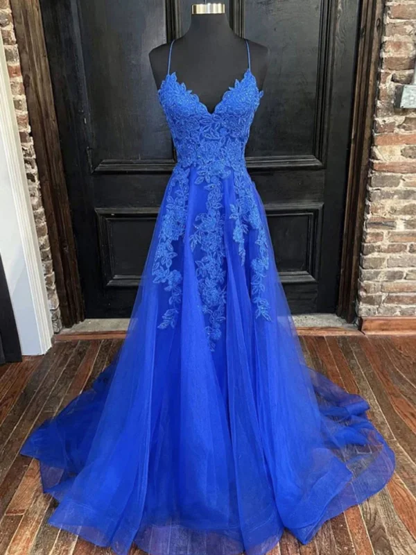 V Neck Open Back Blue Lace Long Prom Dresses, Blue Formal Dresses with Lace Appliques, Blue Evening Dresses SP2570