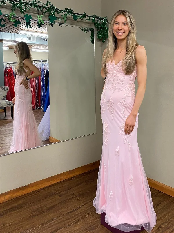 V Neck Open Back Mermaid Pink Lace Appliques Long Prom Dresses, Mermaid Pink Formal Dresses, Pink Lace Evening Dresses SP2397