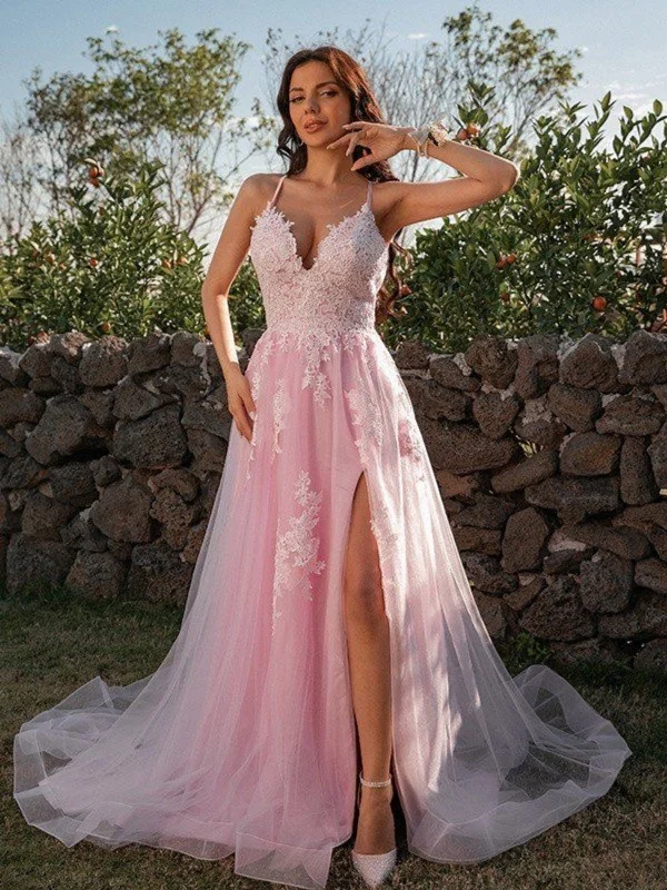 V Neck Open Back Pink Lace Long Prom Dresses, Pink Lace Formal Dresses with High Slit, Pink Evening Dresses SP2670