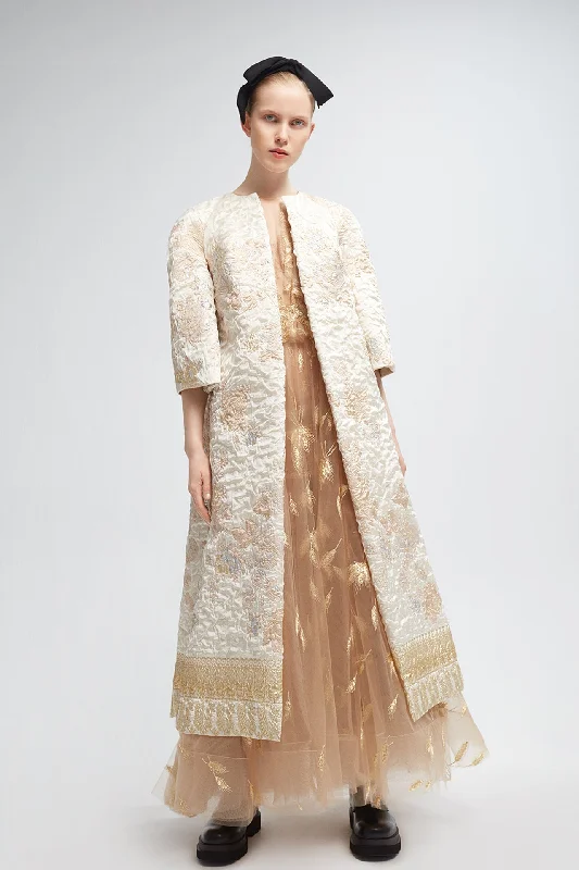 Brocade coat with nude tulle layered dress