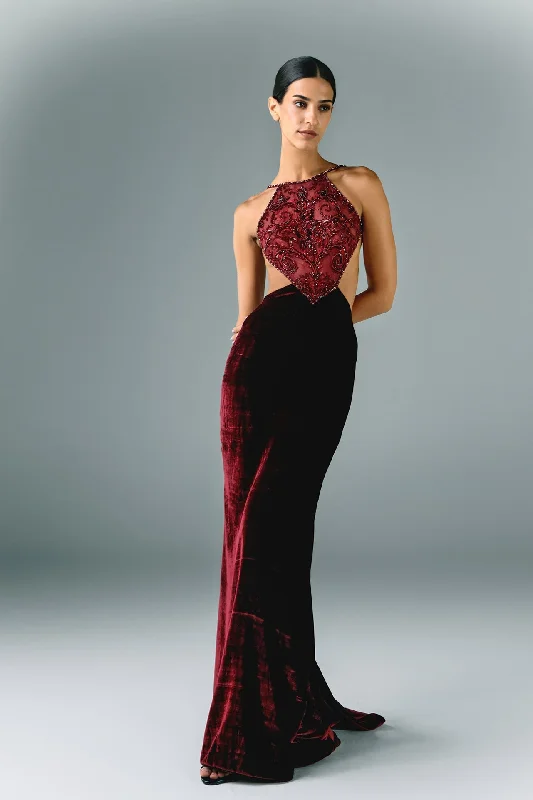 Embroidered tulle and velvet with side cutouts dress