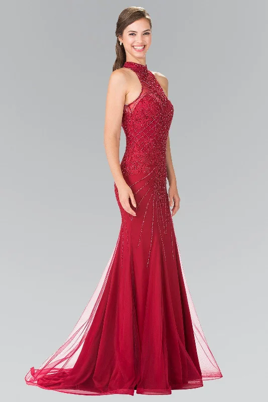 Long Beaded Tulle Halter Dress by Elizabeth K GL2263