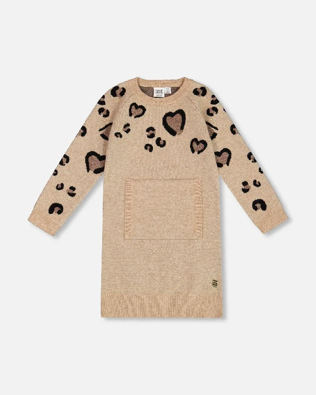 Sweater Dress With Heart Jacquard Beige Mix