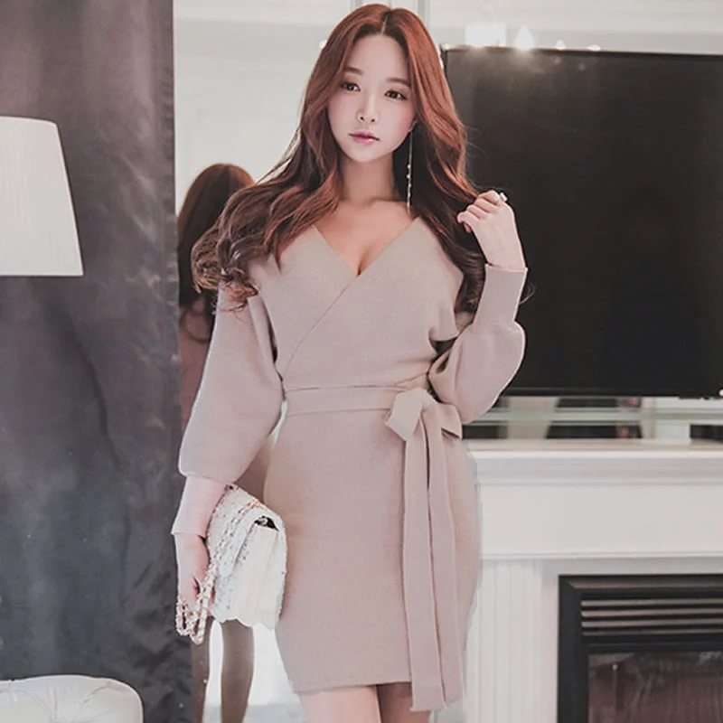 Women's Autumn Casual Sheath V-Neck Sweater Short Dress