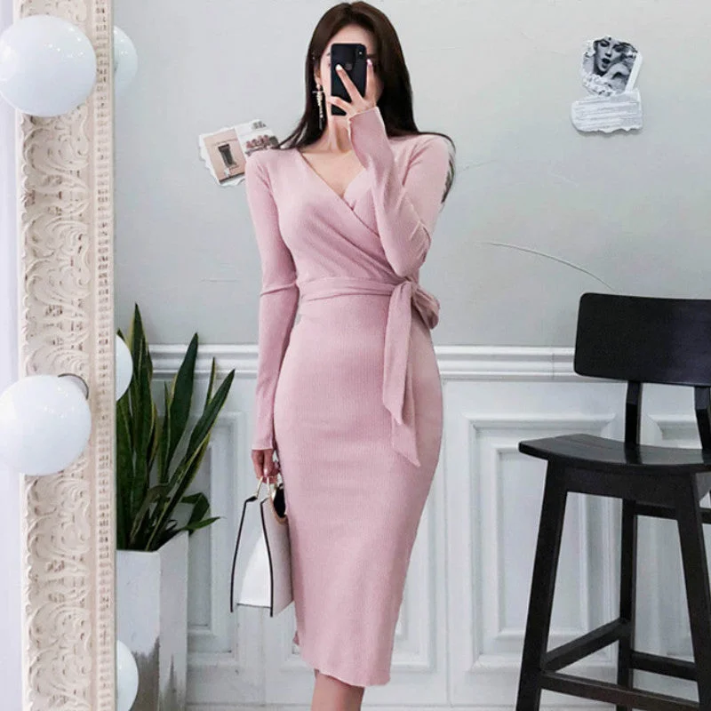 Women's Spring/Autumn Casual Sheath Polyester V-Neck Sweater Dress