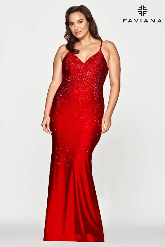 Plus Size V Neckline Prom Dress With Rhinestone Beading