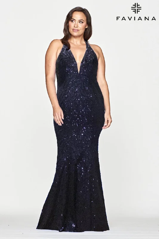 Plus Size Long Sequin Halter Dress