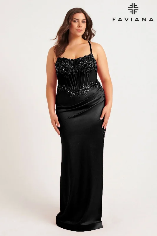 Black Plus Size Satin Corset Dress With Exposed Boning And Beading | 9592