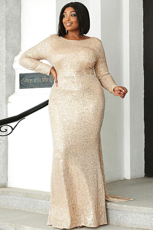 Champagne Sequins Long Sleeve Plus Size Formal Evening Dresses