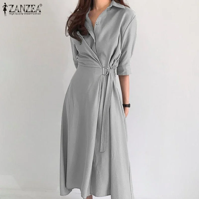 ZANZEA Waste Wrap Shirt Poly-Spandex Blend Plus Size Dress